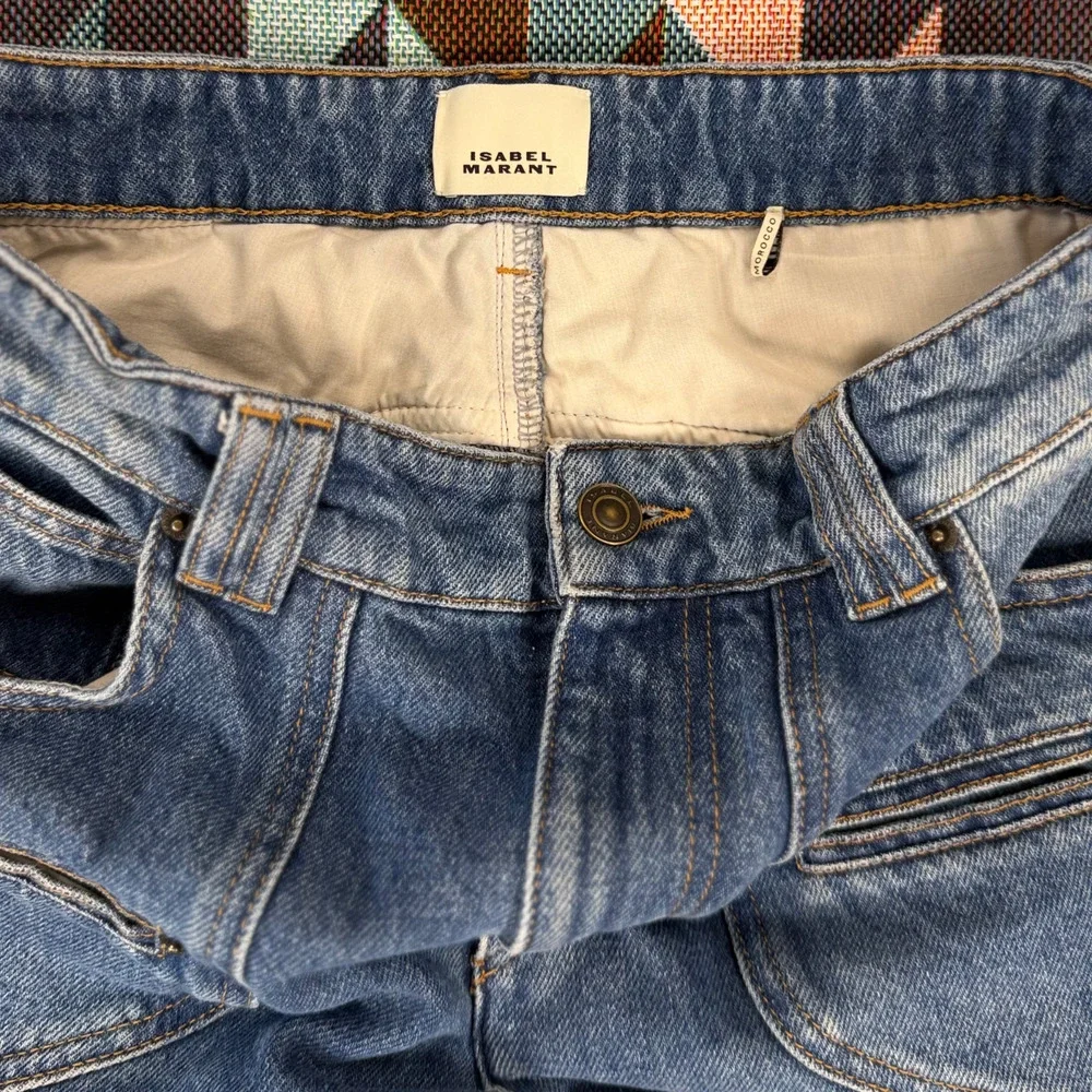 $695 ISABEL MARANT BETIANE JEANS size 40 Wide Leg Zip Fly Unique Stitching Logo - Picture 9 of 11
